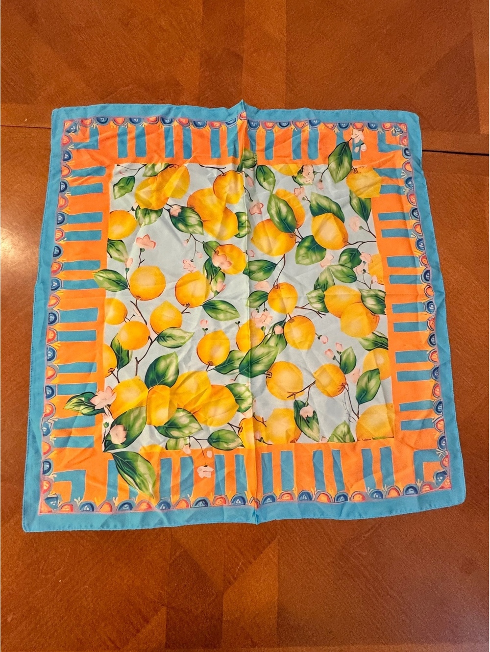 Colorful Lemon Print Square Scarf with Blue and Orange Border 360